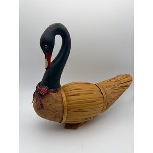 Vintage Handcrafted Woven Straw and Wood Black Swan Figurine Plaid Bow Accent